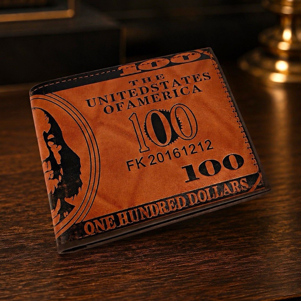 Men's Brown Bifold Wallet Stitched Novelty USA $100 Bill Money Print